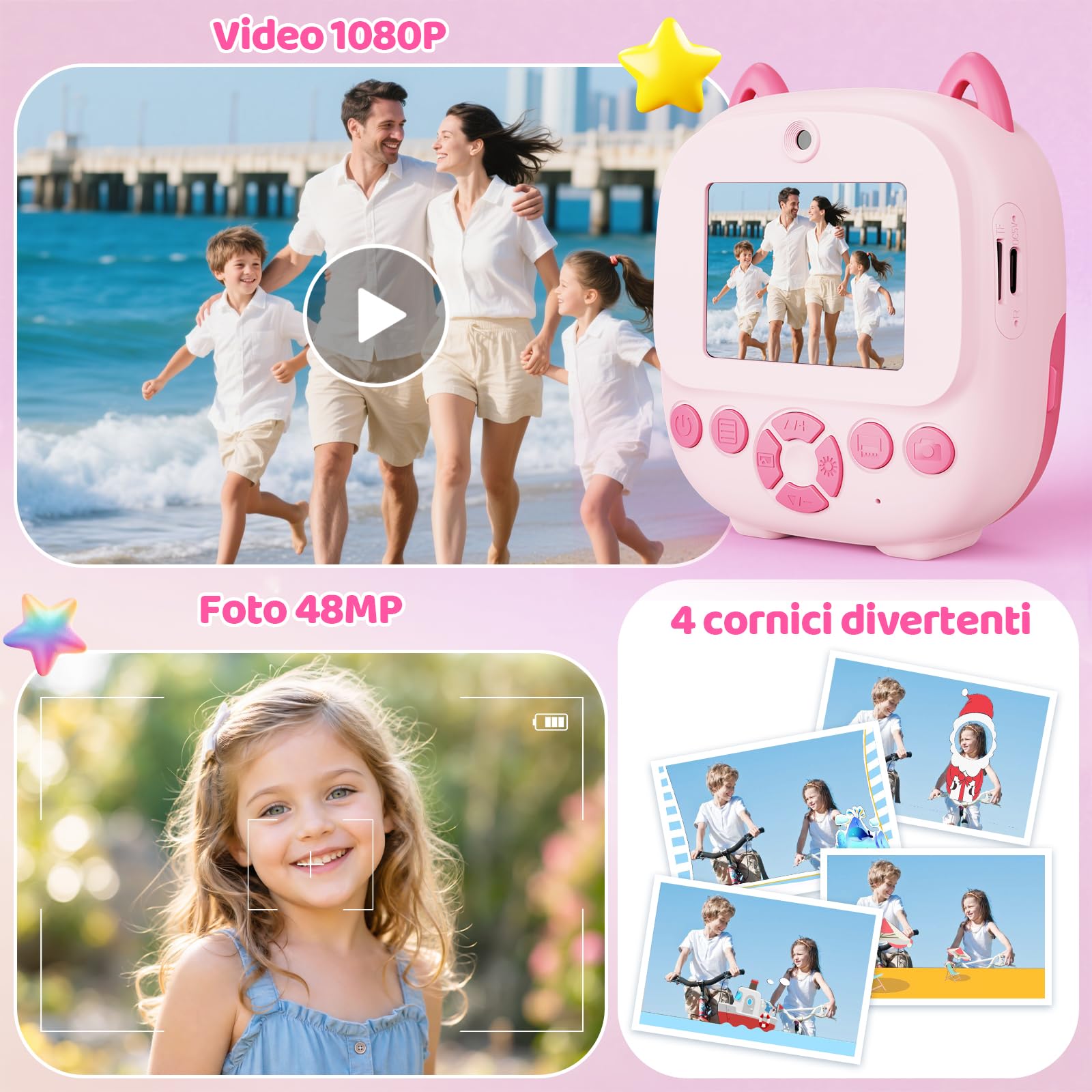 CHAKEYAKE Macchina Fotografica Bambini Istantanea, AI Riconoscimento Vocale E Immagini, Schermo da 2,4 Pollici, Funzione Foto & Video, Adesivi Creativi E Filtri, Regalo Per Ragazzi Ragazze, Rosa