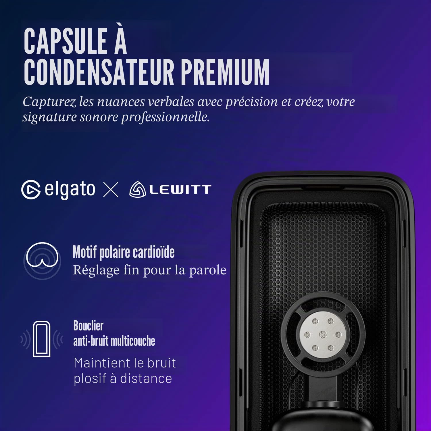Elgato Wave:3 - Micro à condensateur USB de qualité studio pour streaming, podcasts, gaming et télétravail, logiciel de mixage gratuit, plug-ins d'effets, anti-distorsion, plug & play sur Mac et PC