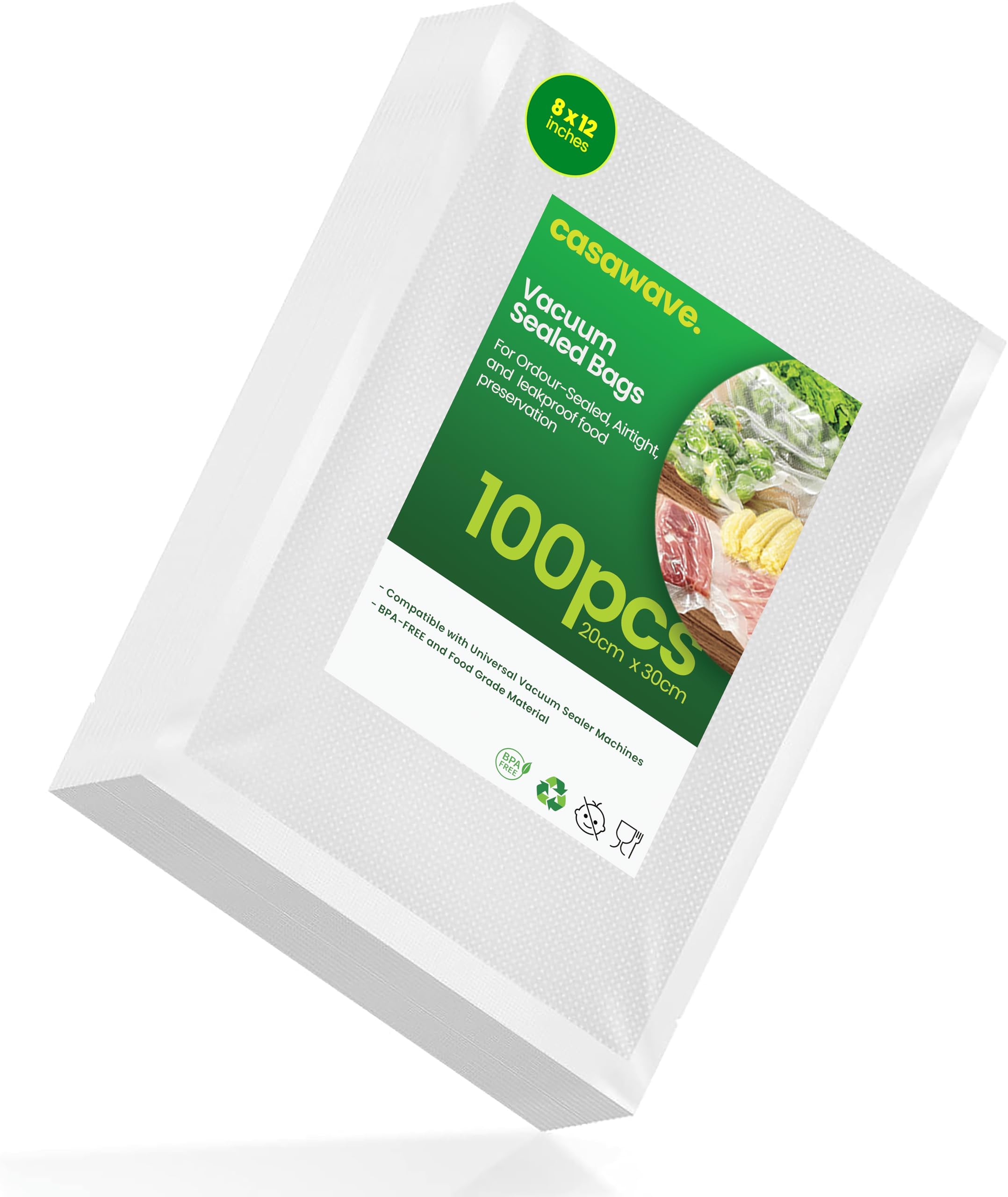 100 Count 20x30cm Vacuum Sealer Freezer Bags with Commercial Grade,BPA Free,Heavy Duty,Great for Food Vac Storage or Sous Vide Cooking