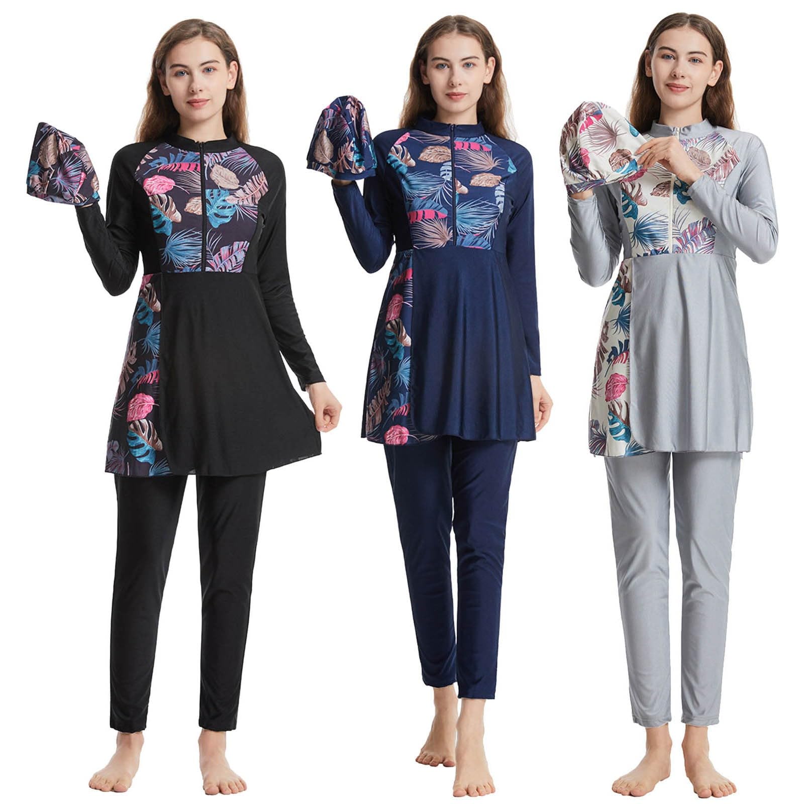 Generisch Burkini, costume da bagno musulmano lungo da donna, copertura completa, costume da bagno musulmano, 3 pezzi, con hijab islamico, elasticizzato, ad asciugatura rapida