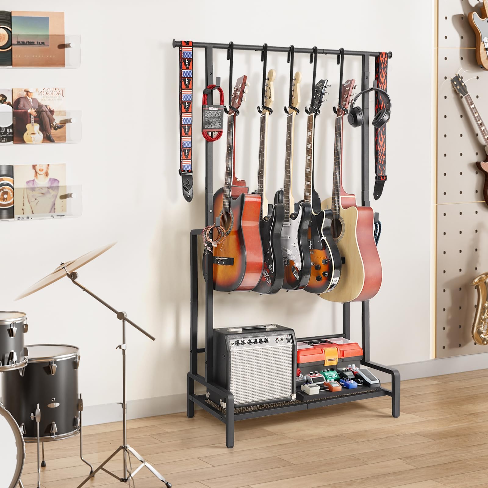 Bikoney Support Guitare Sol pour 5 Guitares, Porte-Guitares Réglable pour Guitare Acoustique, Électrique, Basse & Ukulélé, Rack Guitare Robuste avec Étagère pour Ampli & Crochets Accessoires