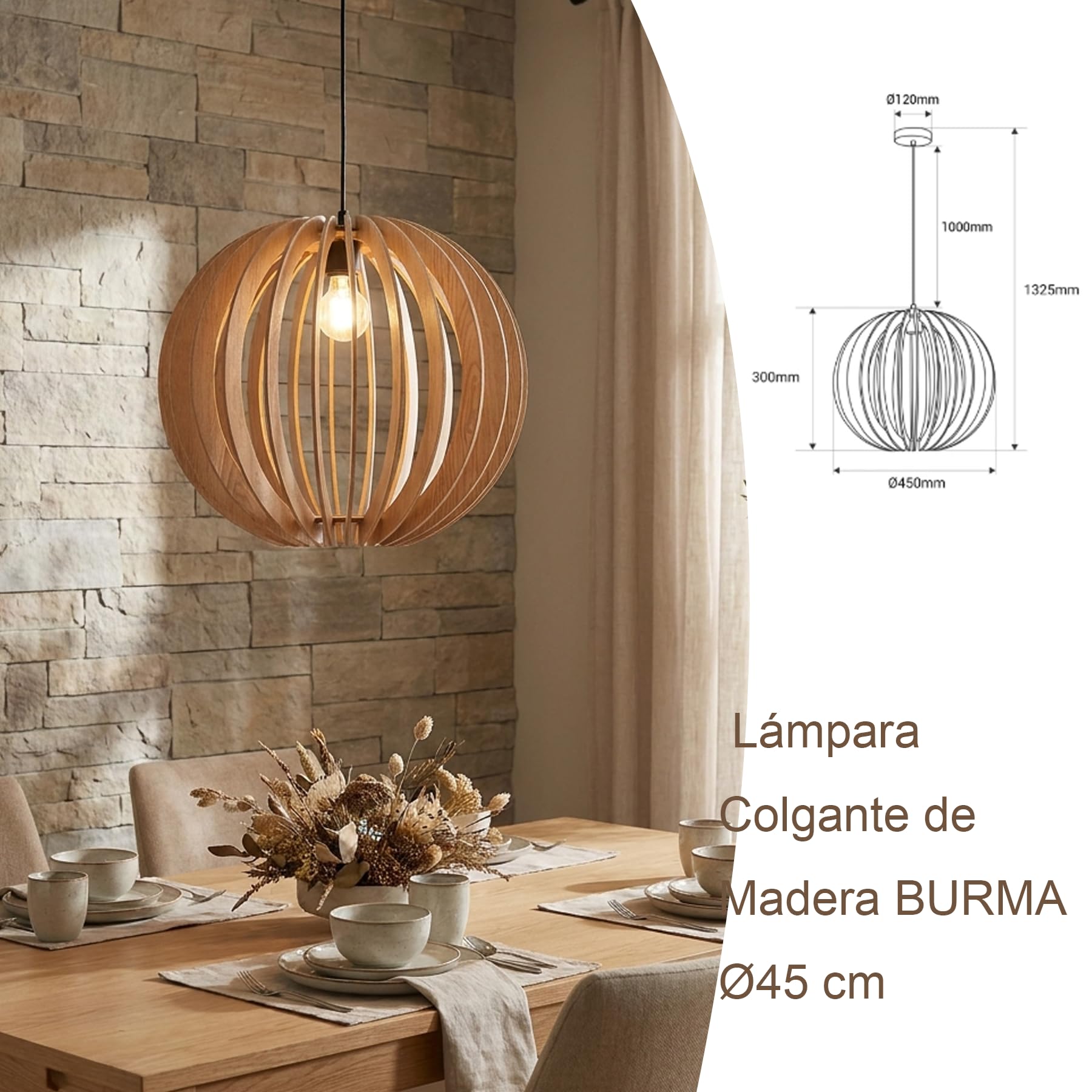 BARCELONA LED Lampa Wisząca BURMA Ø45 cm z Drewna MDF | Kulisty Klosz w Naturalnym Wykończeniu | Oprawka E27 Max. 40W | Regulowana Wysokość | Lampa Sufitowa do Salonu, Jadalni i Sypialni