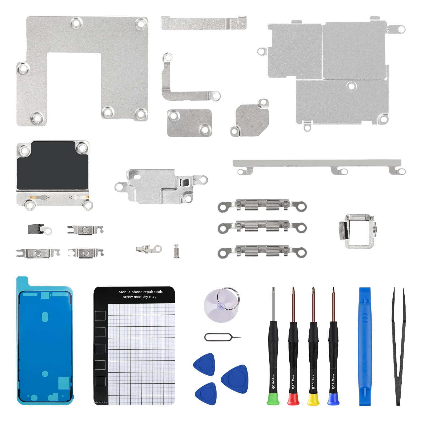 for iPhone 12 Full Set Inner Metal Bracket Replacement Complete Small Internal Metal Plate Parts with Fix Tool Repair Kit Suction Cup Screwdrivers for A2172 A2402 A2403 A2404