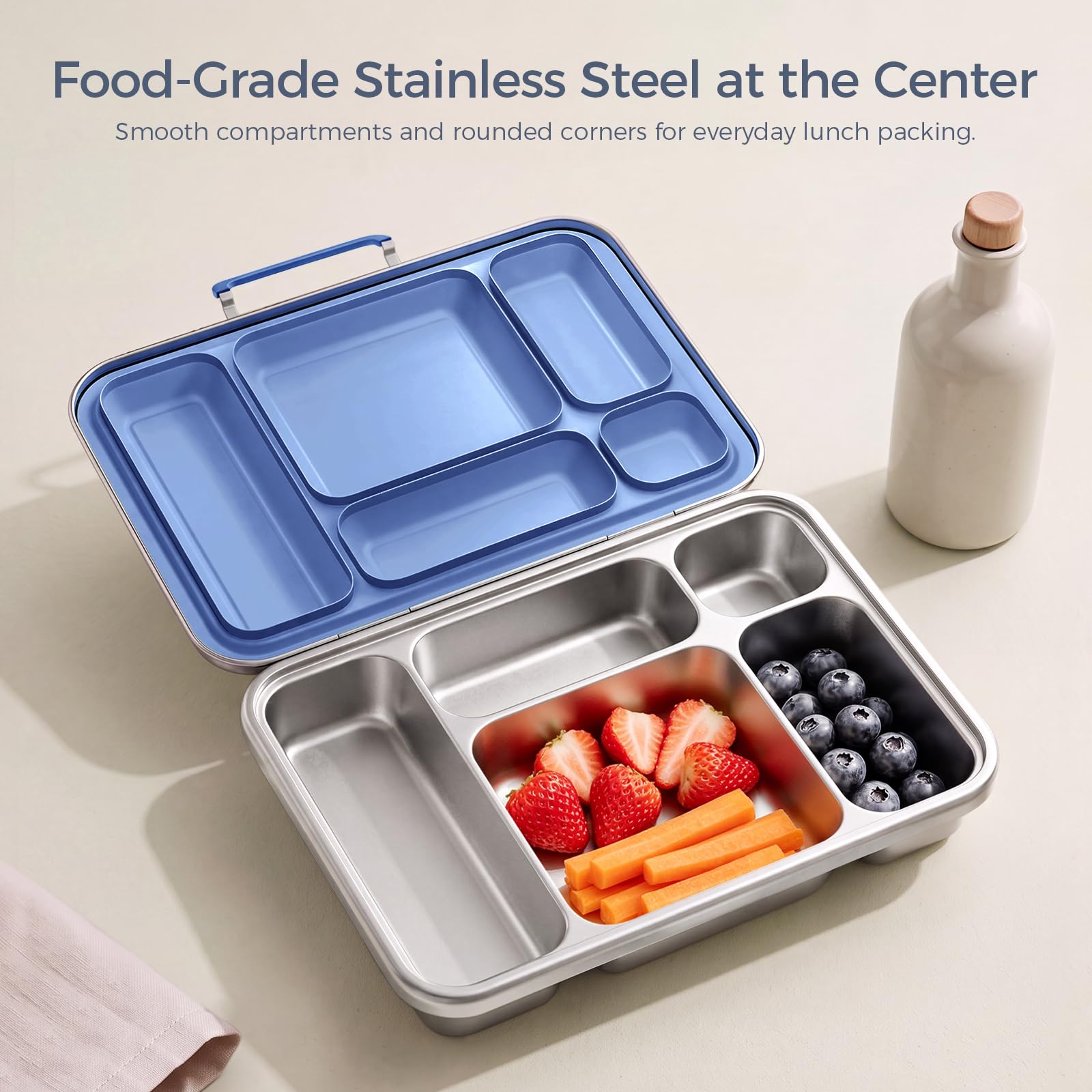 G.a HOMEFAVOR Boîte Bento en Acier Inoxydable 1100ml pour enfants 5 Compartiments Boîte Lunch avec Boîte à Sauce Boite pour Le Déjeuner Alimentaires Bento Box étanches, Bleu Foncé