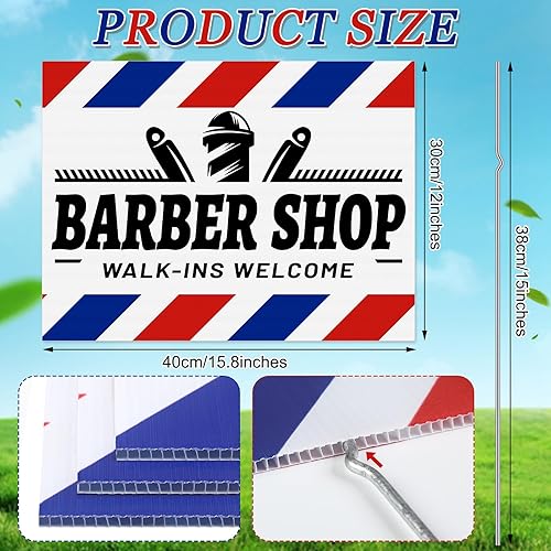 Vista 2 de Therwen Letrero de bienvenida de 3 piezas de 12 x 15.8 pulgadas, letrero de peluquería de doble cara a rayas azules para decoración de peluquería al