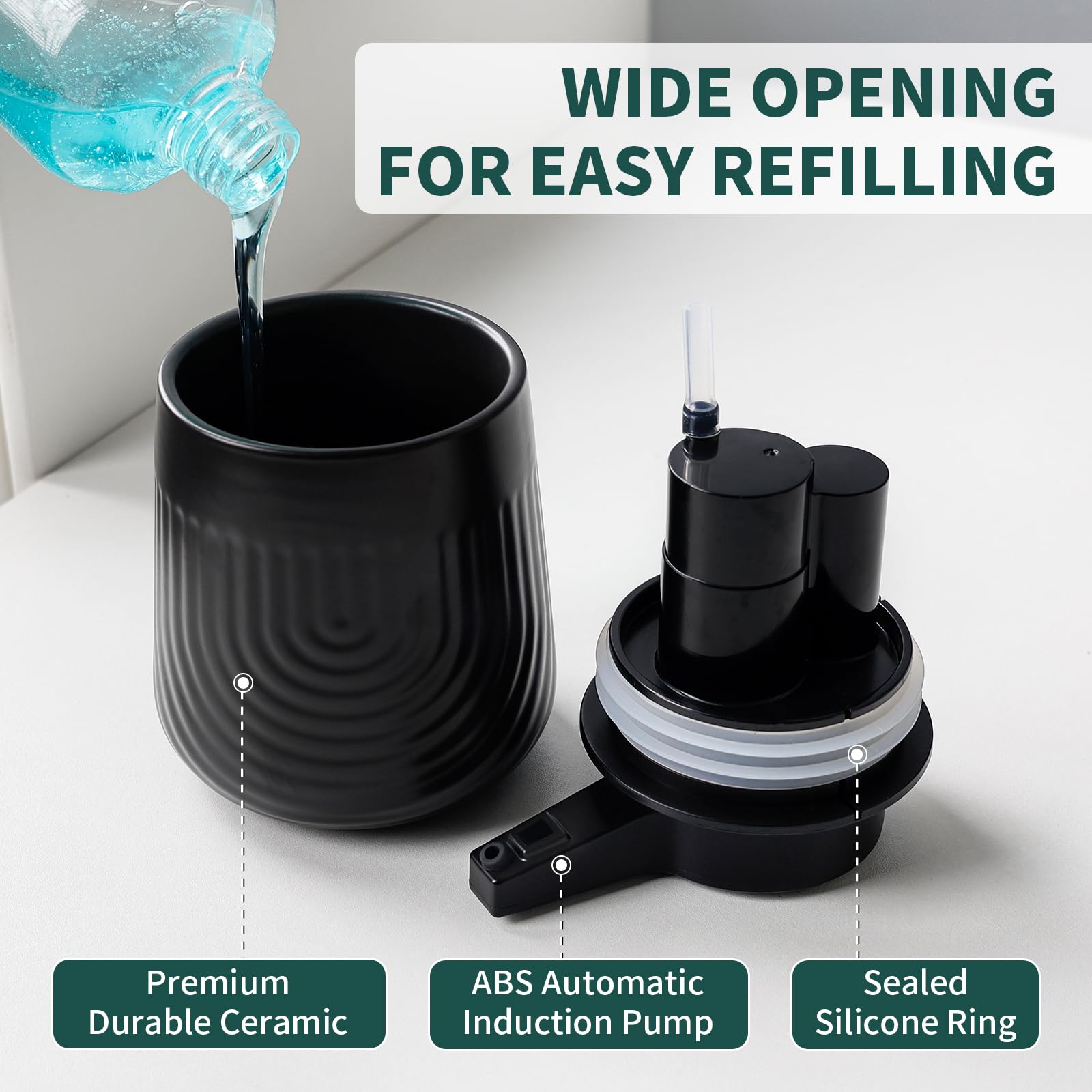 BosilunLife Dispenser automatico di sapone in ceramica con ugello a pompa esteso, 3 livelli regolabili, dispenser di sapone liquido per lozione touchless, per bagno e cucina, design ondulato goffrato
