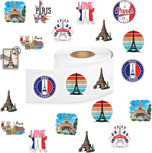 Calcomanías de la torre de hierro de París (500 unidades), 10 hojas de calcomanías de estética gráfica de dibujos animados, sellos autoadhesivos