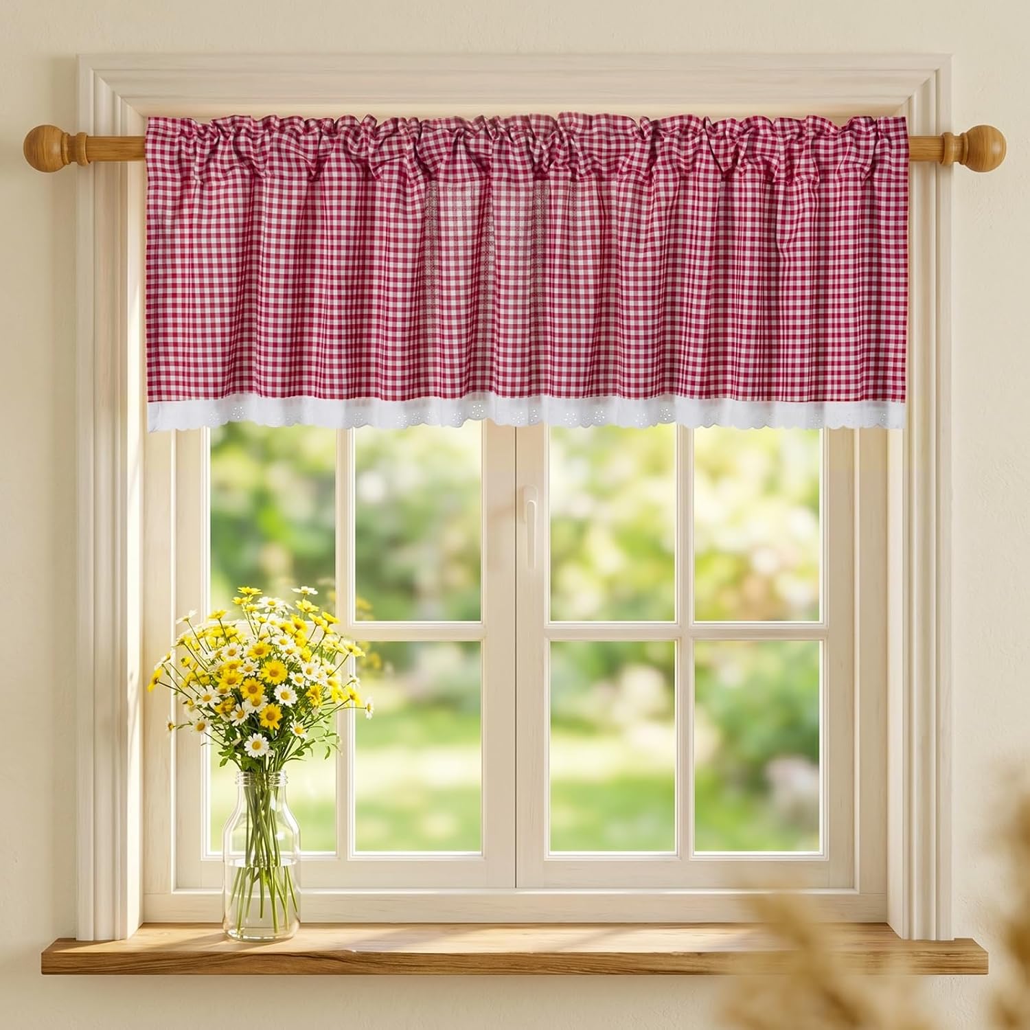 Farmhouse Valance Curtains, Cotton Kitchen Valance Rustic Style Window Valance Half Curtain for Living Room Bathroom Cafe, Rod Pocket, Red White Gingham Plaid, 59 X 16 Inch