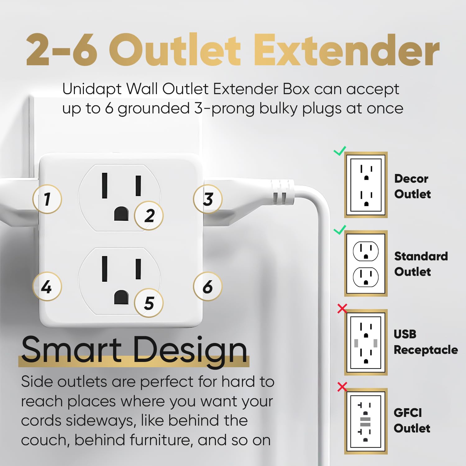 Unidapt Multi Plug - 6 Outlet Extender (2 Pack) -2 Unidapt Multi Plug - 6 Outlet Extender (2 Pack) -2