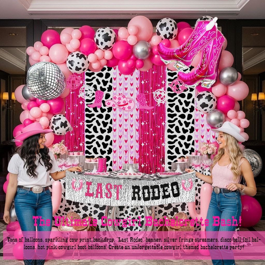 Cowgirl last rodeo bachelorette party decoration with Hot Pink Silver balloon arch Cow Print Disco Boots Foil balloons Banner Tinsel Curtain Backdrop for Girl Birthday bride to be Decorations
