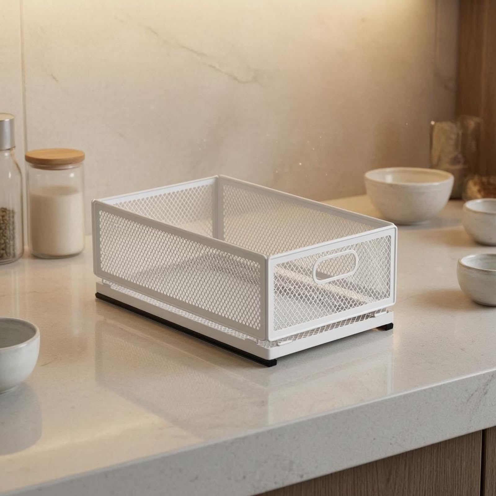 Qianly Cestino da Cucina Estraibile con Maniglia Frontale Organizzatore Sottolavello Top Aperto Arredamento Casa, Cesto Portaoggetti Medio Lunghezza 40 Cm Con Guide Scorrevoli