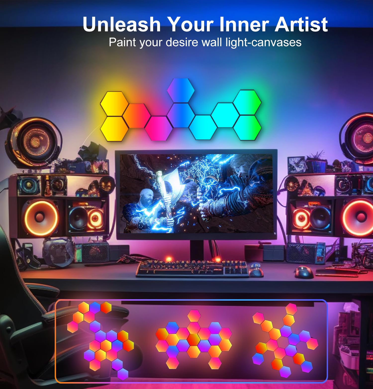 Hexagon LED Panel für Gaming Setup, 14 Smart Home Gaming LED Sechseck Wandleuchte Funktioniert mit Alexa Google Assistant, Gaming Wandpaneele Sprach- App-Steuerung Musik Sync für Zimmer Deko Geschenk