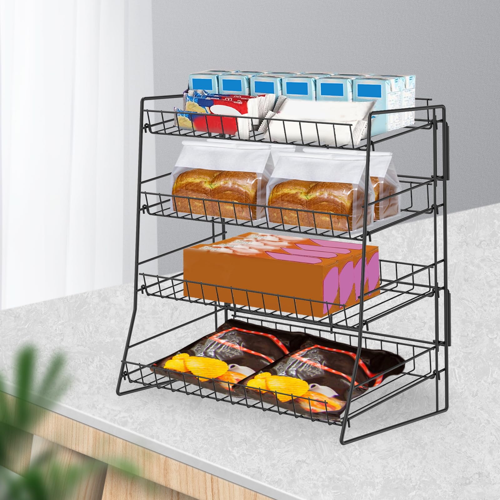 NZWBSHSSP Candy Display Rack 4 Tier Metal Snack Display Stand Chip Holder Portable Snack Organizer Candy Shelf for Countertop Stores Home
