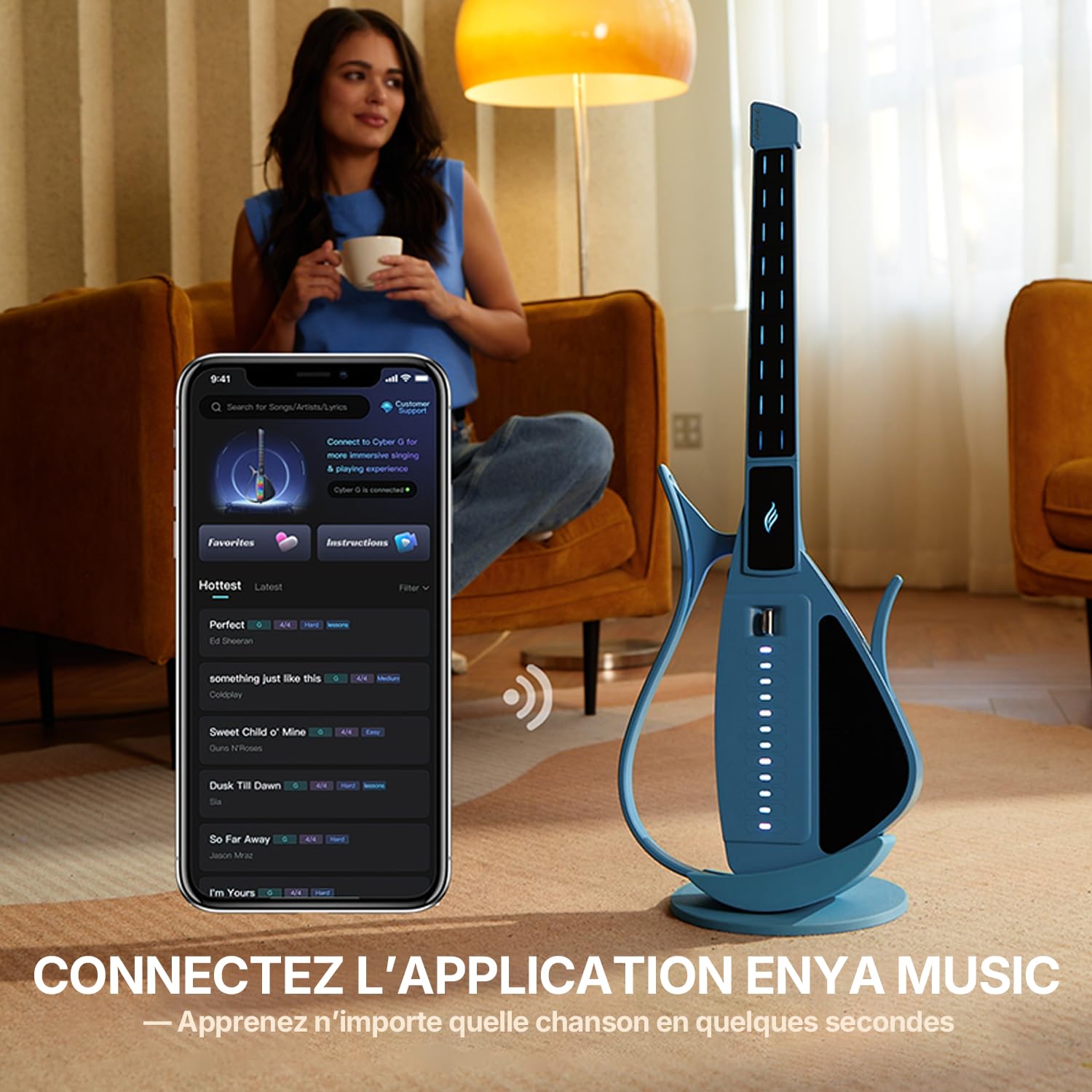 Enya CYBER-G Guitare-Smart Sans Cordes – Innovante Travel Guitar portable & Silent E-Guitar avec touches LED, Drum & Bass, centaines de sons, haut-parleur intégré pour apprentissage rapide