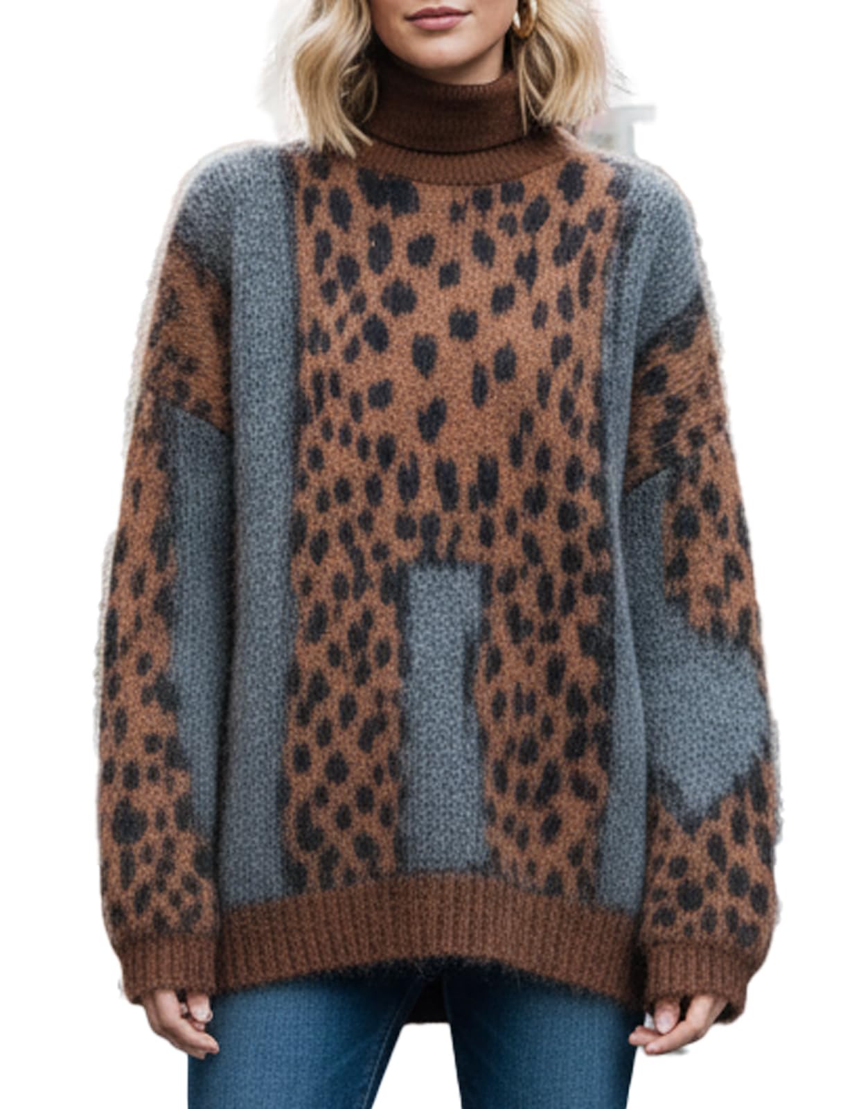 Womens Brown Gray Leopard Print Turtleneck Sweater Oversized Knit Pullover Long Sleeve Cozy Fall Winter Jumper Top