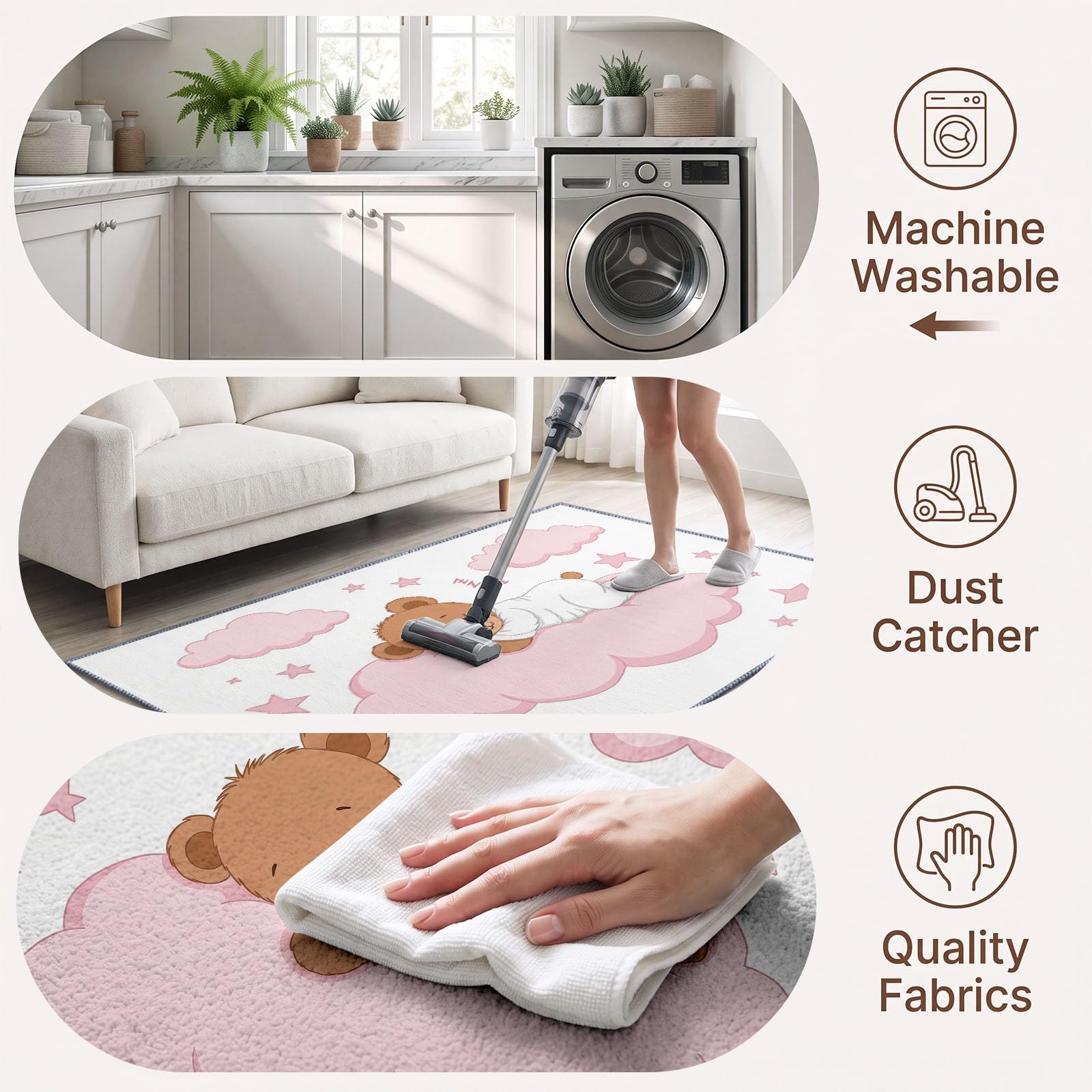 Tappeto per soggiorno con cartoni animati, 120 x 170 cm, motivo a forma di orsetto rosa, nuvola rosa, lavabile in lavatrice, antiscivolo, design moderno, a pelo basso, stampato, per bambini e animali
