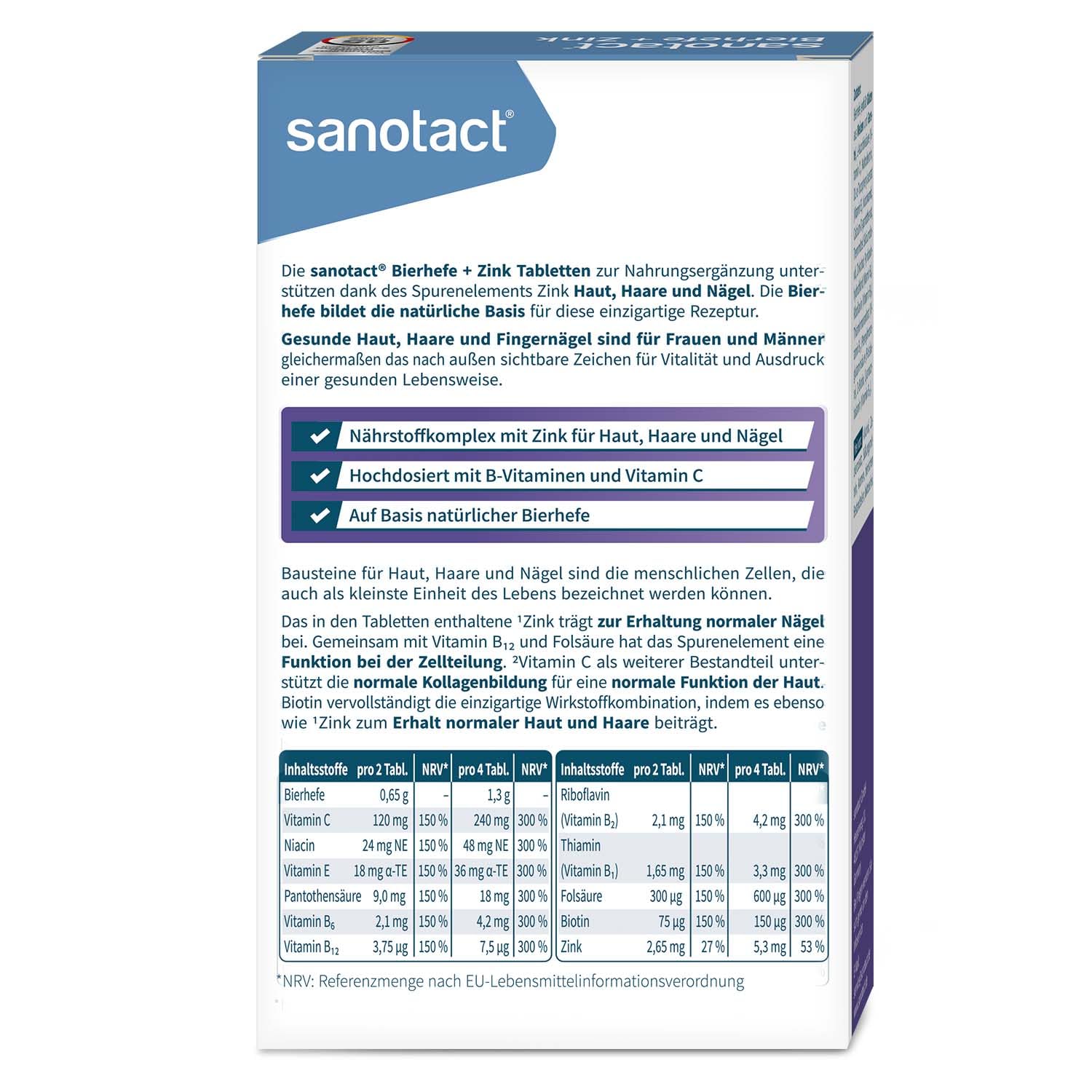 sanotact Bierhefe + Zink (8 x 60 Tabletten) • Für Haut, Haare & Nägel • Vitamin-Komplex mit Bierhefe, Zink, Biotin, Vitamin B12, B6 & Vitamin C • Haut & Haar Vitamine • 100% Vegan