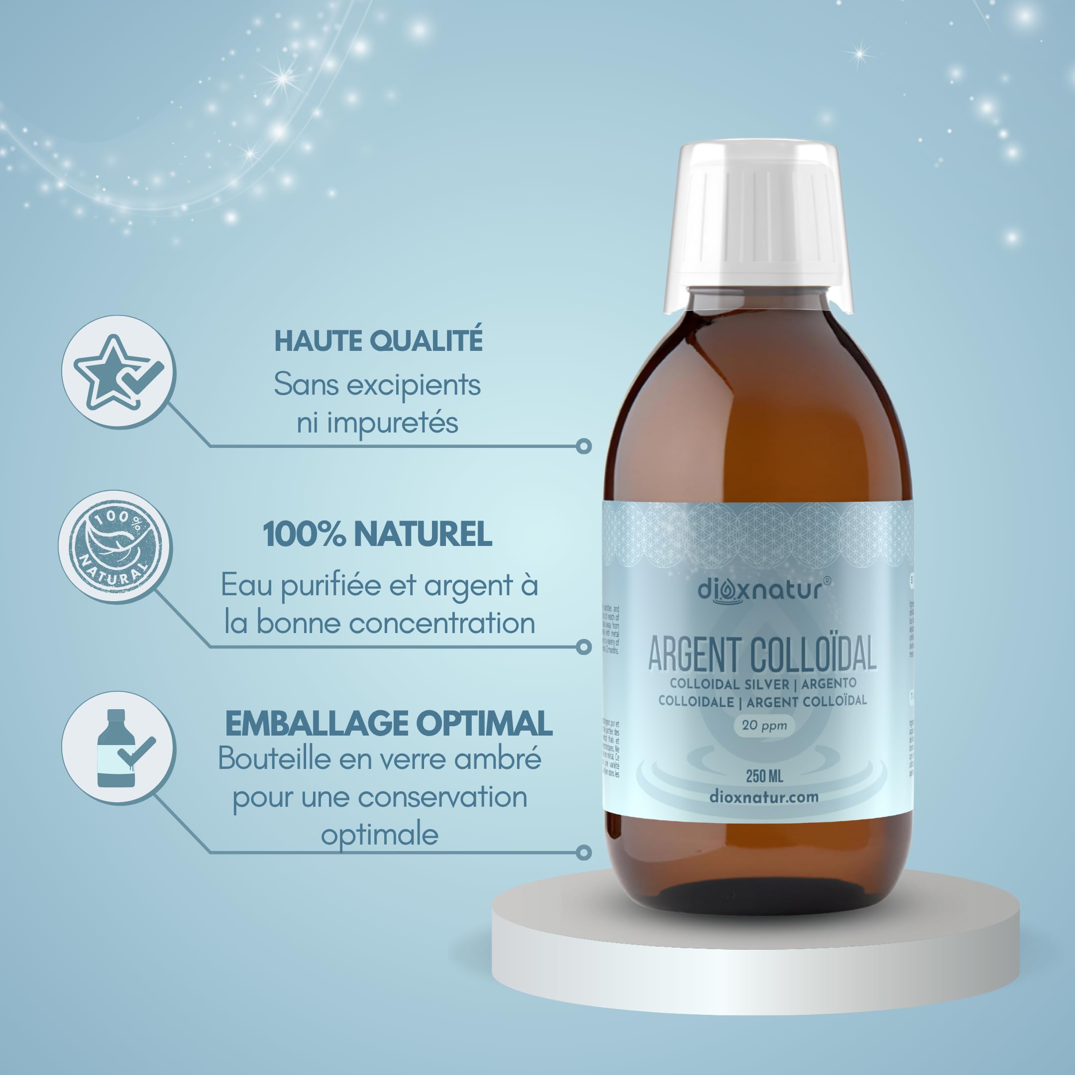 Argent colloïdal 20 ppm 250 ml DIOXNATUR® | Colloidal Silver Pure avec spray et verre compteur inclus | Bouteille en verre ambré | 100% naturel | Concentration optimale