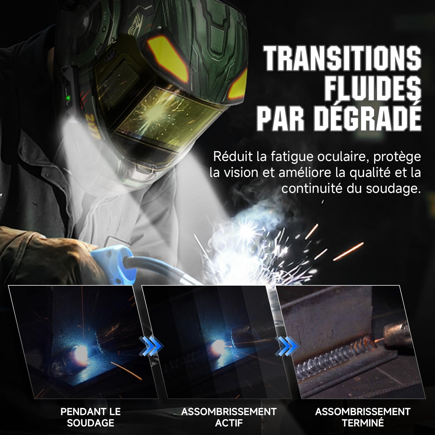 ANDELI Casque de Soudage Auto-Assombrissant | 2 LED Gestuelles & Triple-View 3 Verres Auto-Assombrissants | 7 Capteurs | True Color 1/1/1/1 | Batterie 1500 mAh USB-C | TIG/MAG/MMA & Meulage