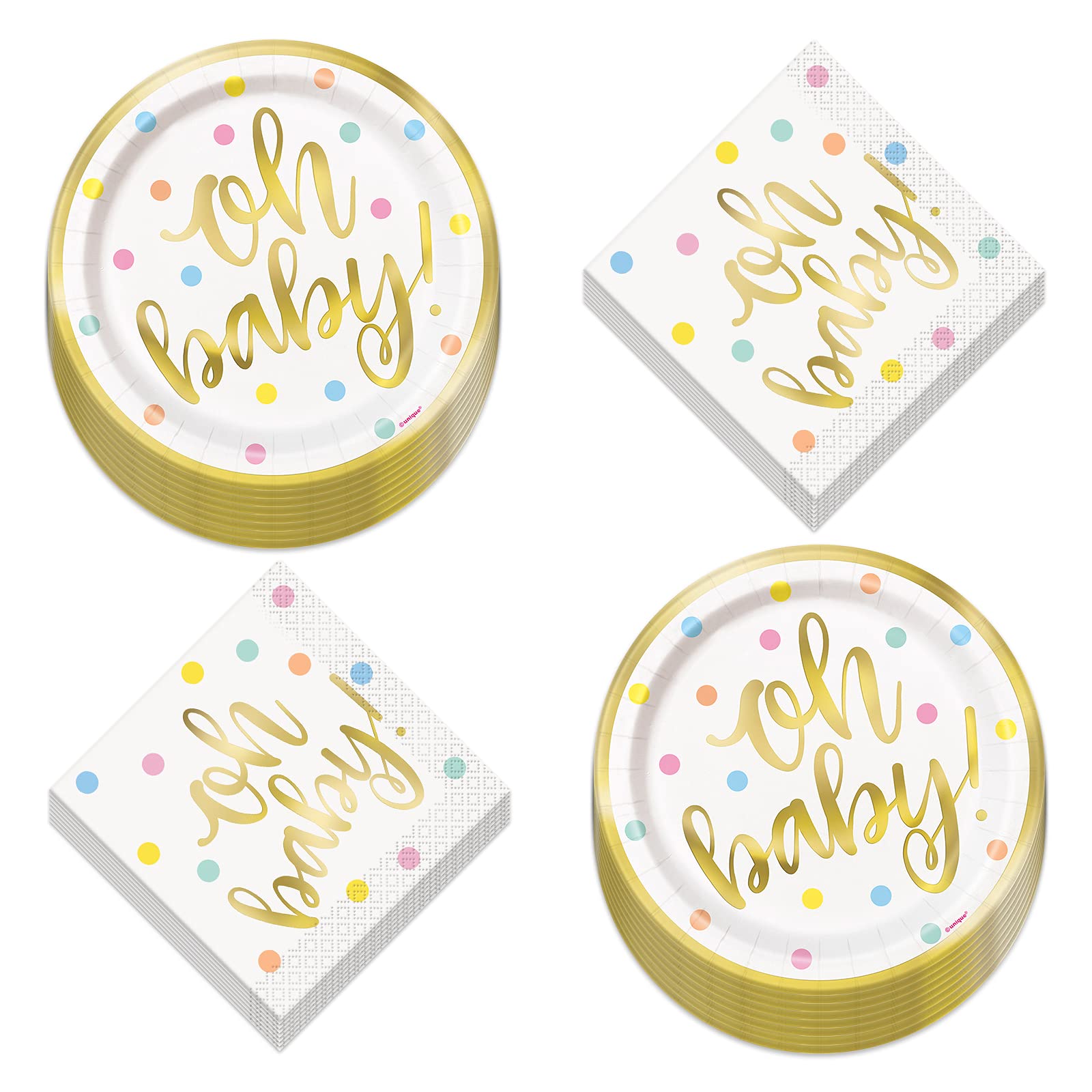 Oh Baby White and Gold Neutral Baby Shower Party Supplies Paper Dessert Plates and Beverage Napkins (Serves 16)
