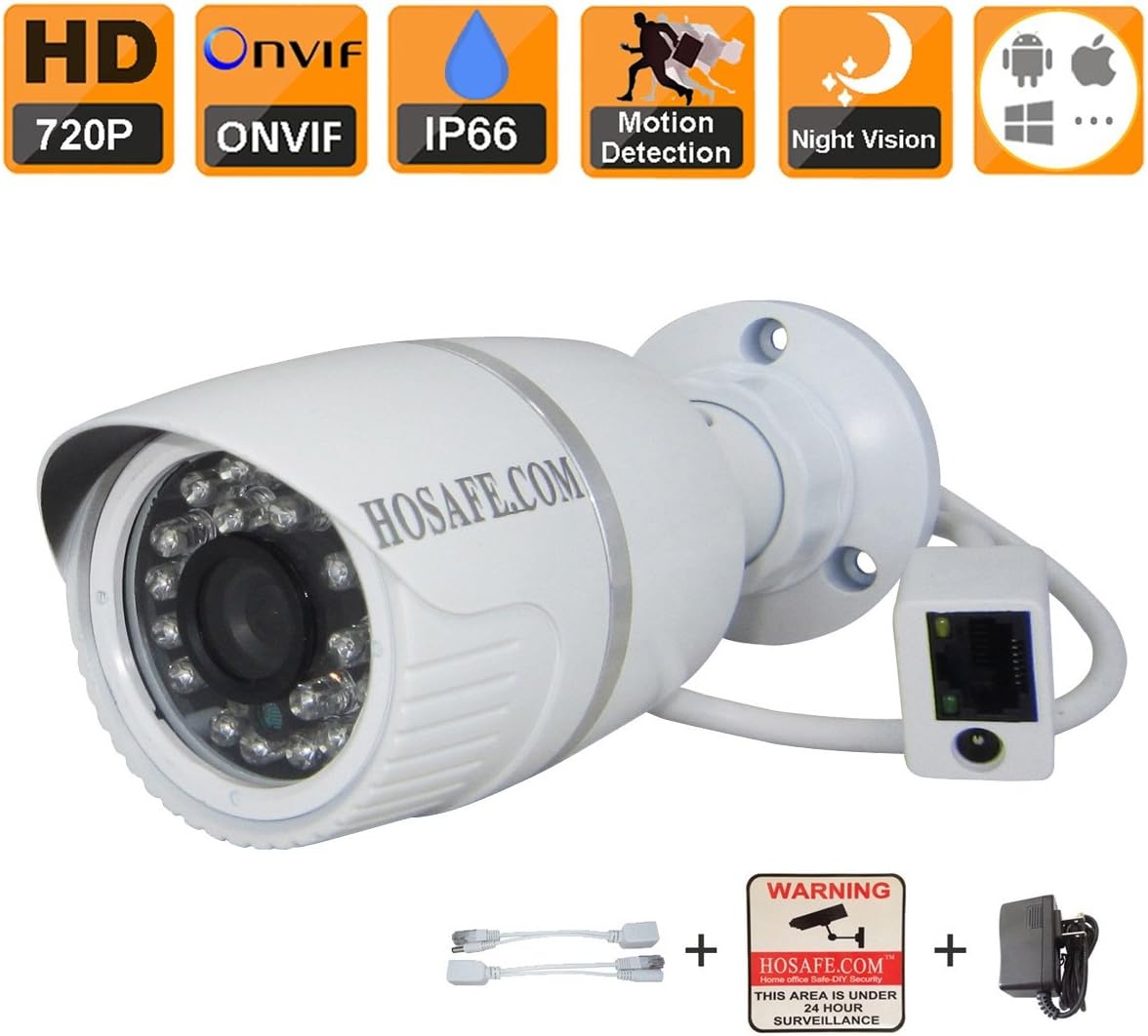 HOSAFE 1MB1W HD IP Camera Outdoor 720P Night Vision ONVIF H.264 Motion Detection Email Alert Remote View Via Smart Phone/Tablet/PC, Working With IP Camera Software Blue Iris iSpy IP Camera DVR(White)