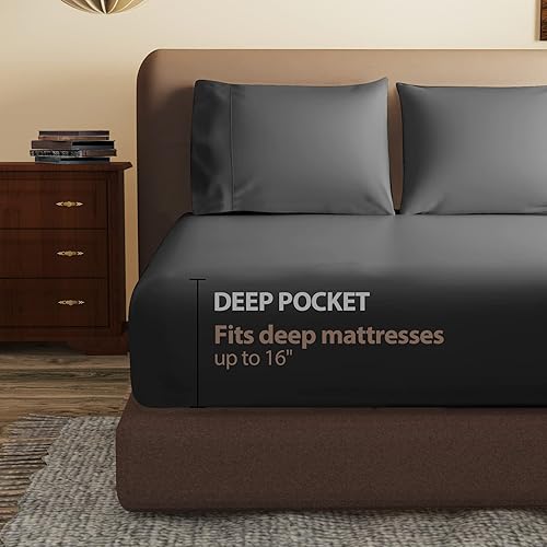 Miniatura 5 de Sábana bajera ajustable 100% algodón egipcio, tamaño individual XLSplit King, color negro, 600 hilos, bolsillo profundo de 8 a 16 pulgadas, sábana