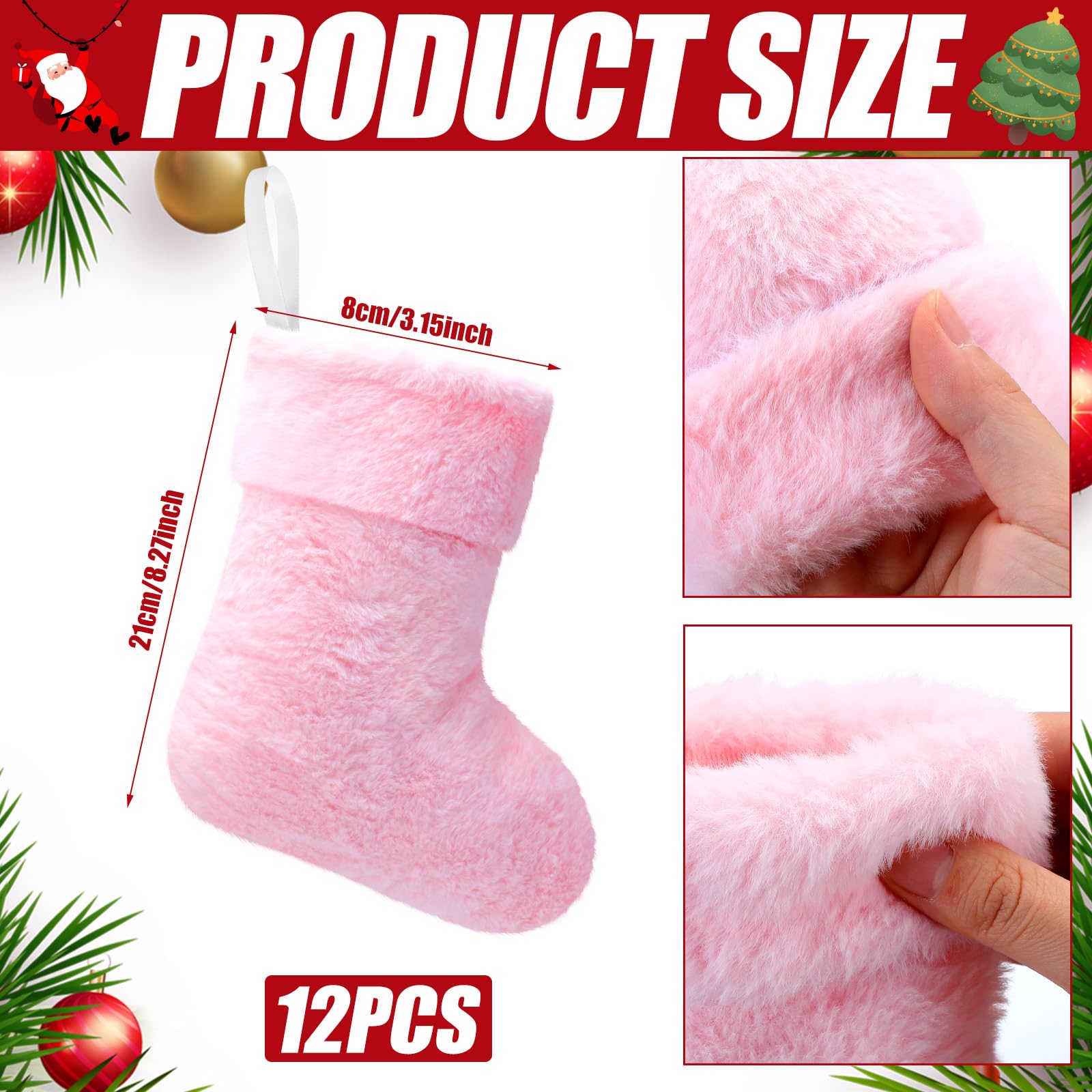 JOVITEC Lot de 12 chaussettes de Noël en fausse fourrure à suspendre pour cheminée, fête, sapin de Noël, cadeaux de 17,8 cm