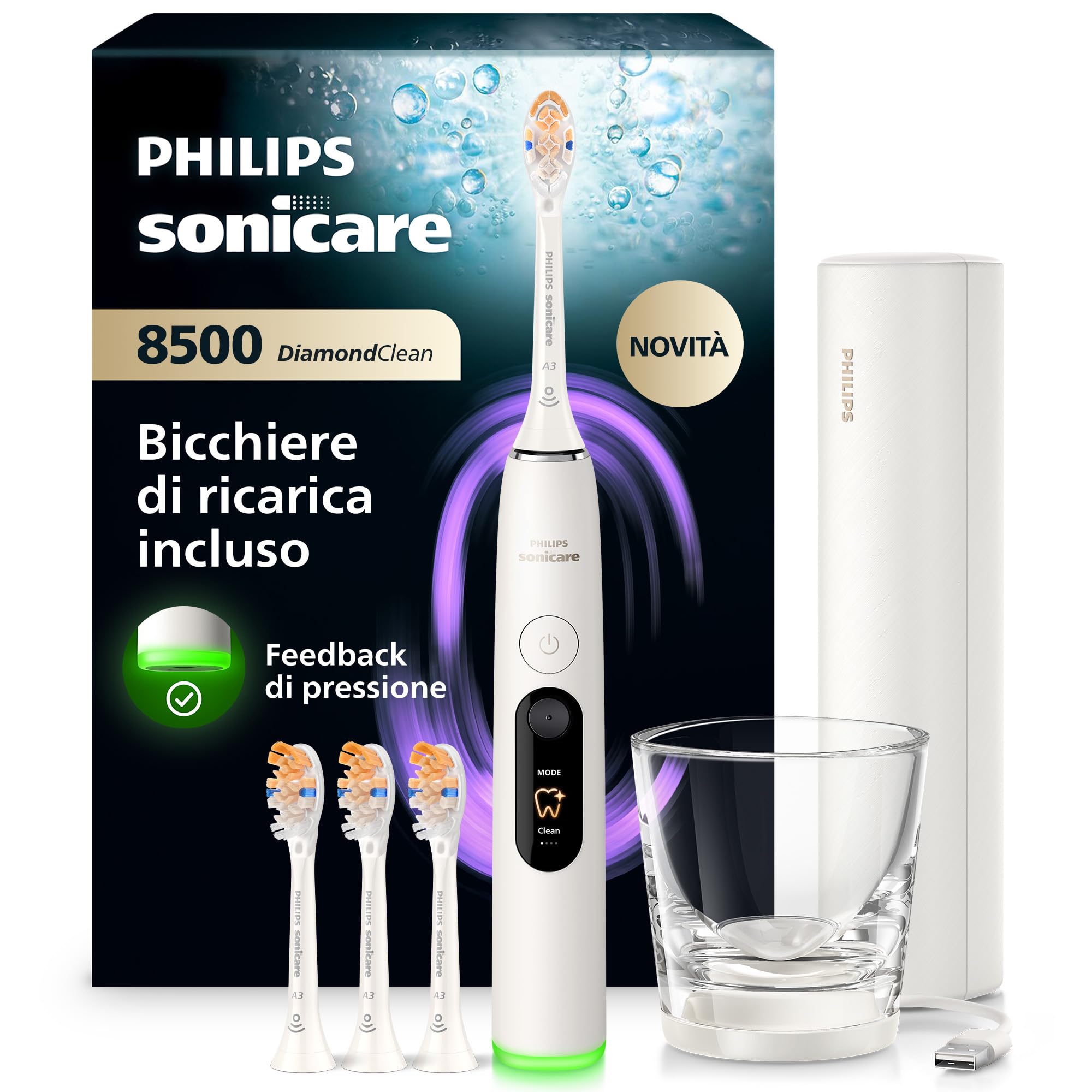 Philips Sonicare Next-Generation DiamondClean 8500 Spazzolino elettrico - con Feedback di pressione, 18 impostazioni, bianco polvere, HX8515/11