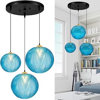 GCQ 3 in 1 Large Glass Pendant Light Fixtures, Blue E26 E27 Chandelier Mid Century Modern Chandelier Ribbed Blown Glass Globe Shade Hanging Light Ceiling Light for Living Room Restaurant Bar
