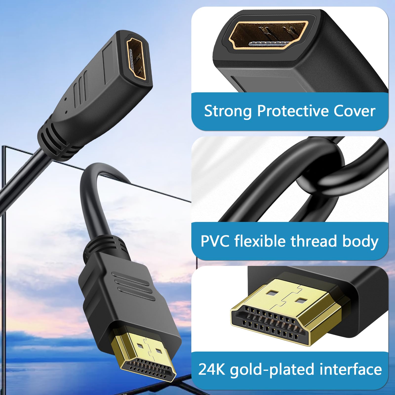 Cable de extensión HDMI de 3 pies, paquete de 2 cables extensores HDMI de alta velocidad macho a hembra, cable adaptador HDMI 1080P para HDTV, monitor, PC, portátil, proyector