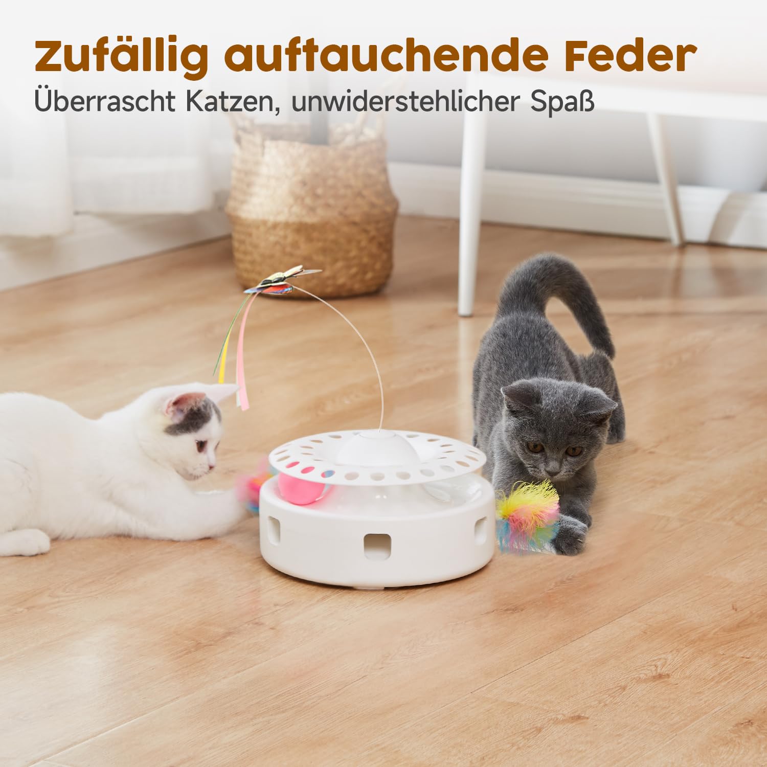 Potaroma 3-in-1 Interaktives Elektrisches Katzenspielzeug – Automatisches Federspiel, Flatternder Schmetterling & Katzenballbahn – USB-betrieben & Batteriebetriebenes für Wohnungskatzen