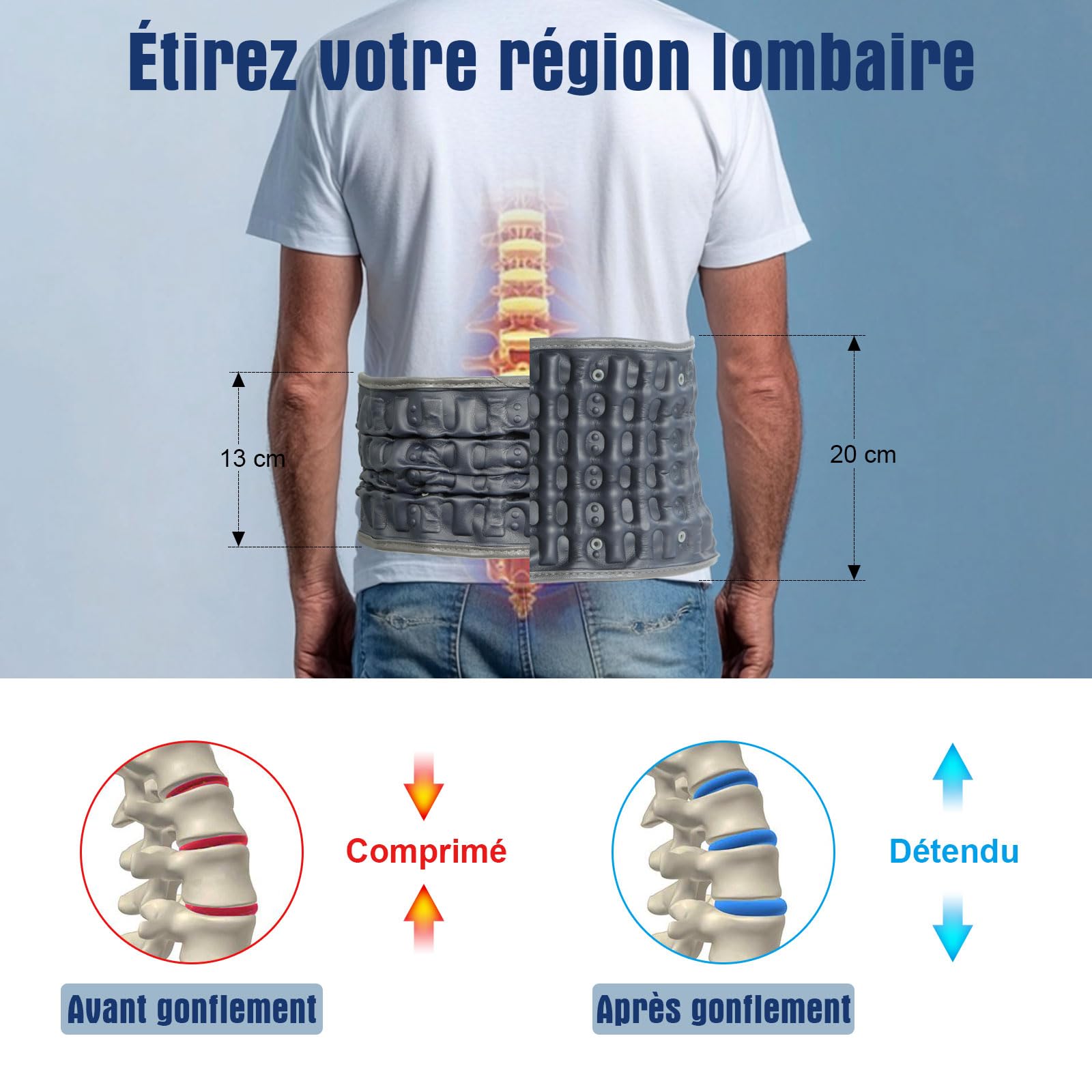 HONGJING Ceinture de décompression à lumière rouge avec pompe électrique pour douleurs dans le bas du dos, soutien lombaire gonflable sans fil, taille unique pour tour de taille 74-49