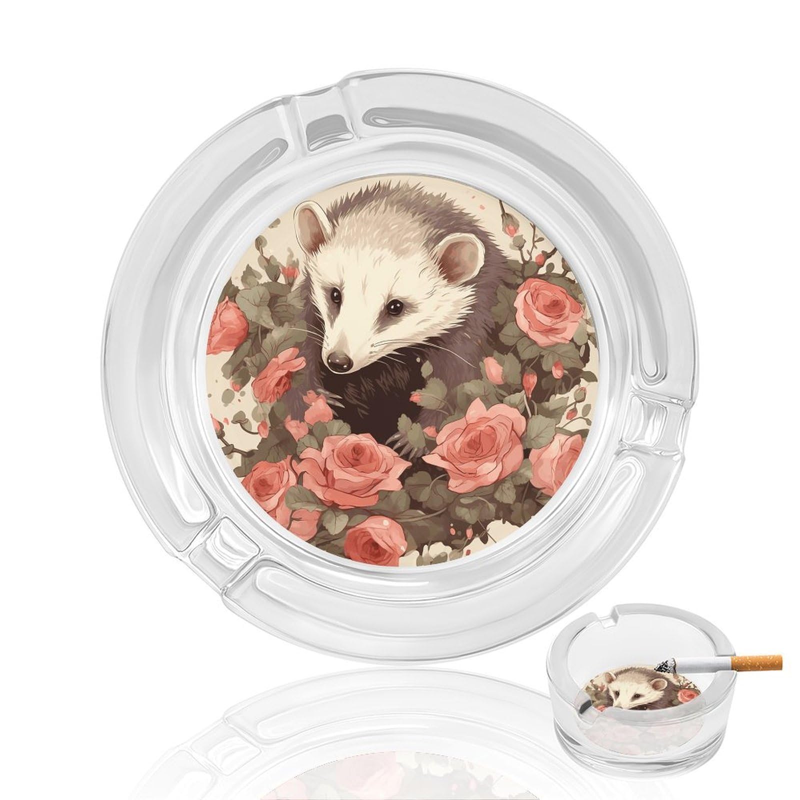 Opossum And Roses Ashtray Cigar Cigarette Rest Glass Outdoor Cigar Ashtrays with 3 Grooves Travel Cigar Ashtrays Fancy Cute Cool Ash Tray for Smokers Tabletop