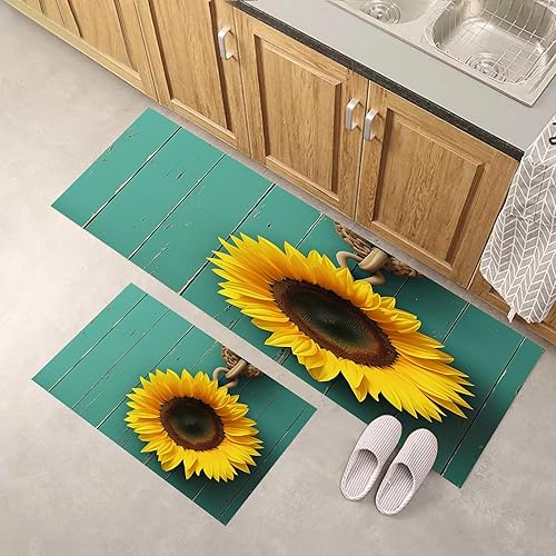 Tapete de cocina con diseño floral de girasol de grano de madera vintage, tapete de baño antideslizante para cocina