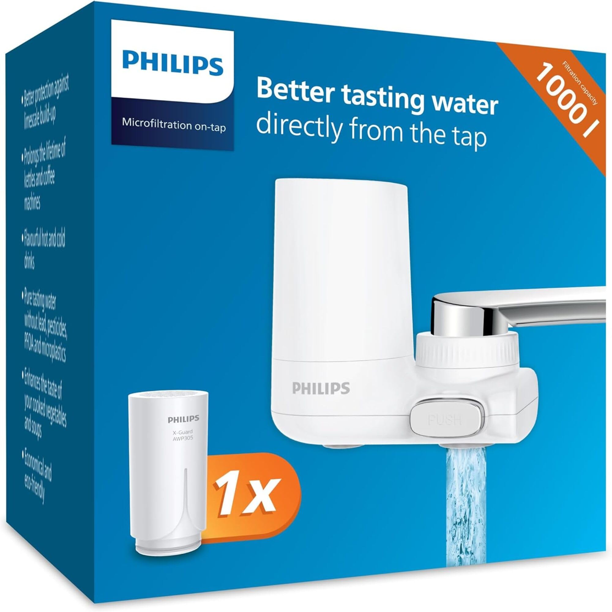 Philips Water Ontap Filter AWP3703 MICROFILTRATION, 1000 L filtration capacity, reduces chlorine, sediment, and other taste-impacting substances (Packing May Vary), White