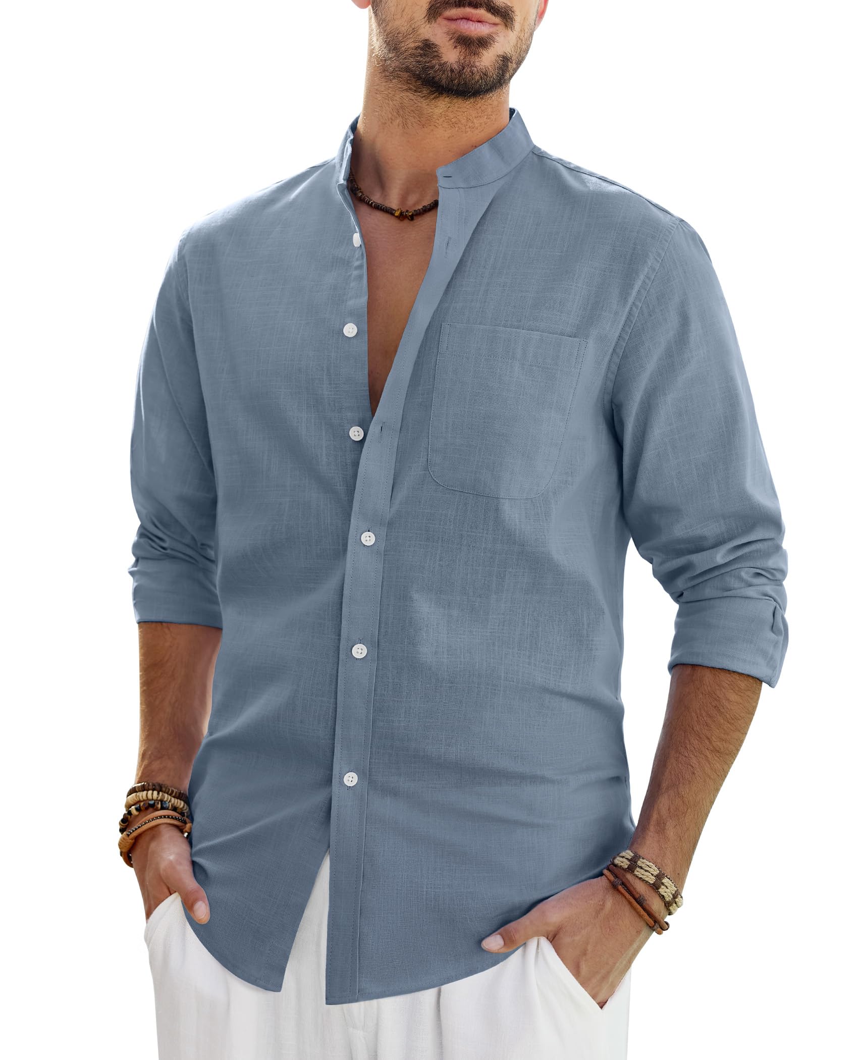 J.VER Leinenhemd Herren Hemd Langarm Stehkragen Leinenshirt Baumwolle Atmungsaktiv Regular Fit Freizeithemden Casual Sommer Strand Leinen Shirt mit Tasche