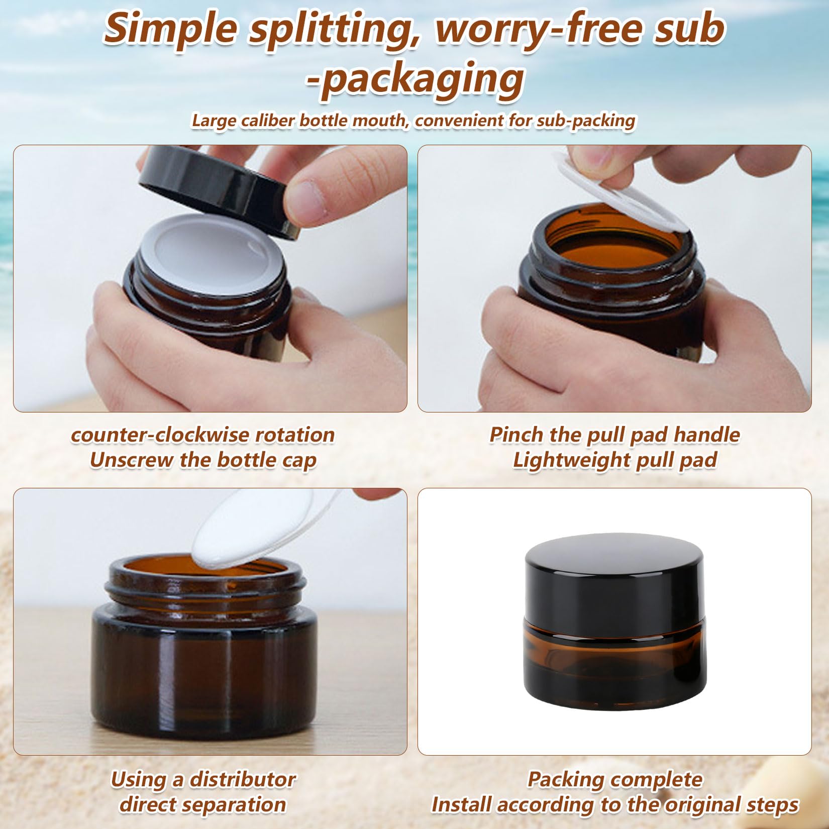 17 Pcs Frascos de Vidrio con Tapa Pequeños, ámbar Tarros de Cristal 5ml, Tarros Vacios para Crema, frascos para cosmeticos lociones de viaje, envases de muestra + 5 cucharas, 25 pegatinas — view 5