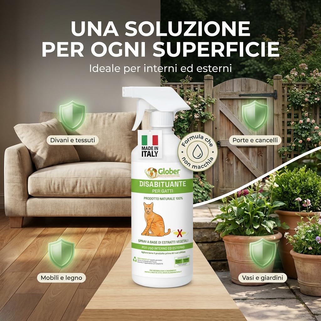 GLOBER Disabituante per Gatti Anti Urina - Spray 750ml - Made in Italy, 100% Base Vegetale per Interni ed Esterni - Addestrativo Urine Stop Gatto - Dissuasore Gatti e Elimina i Cattivi Odori
