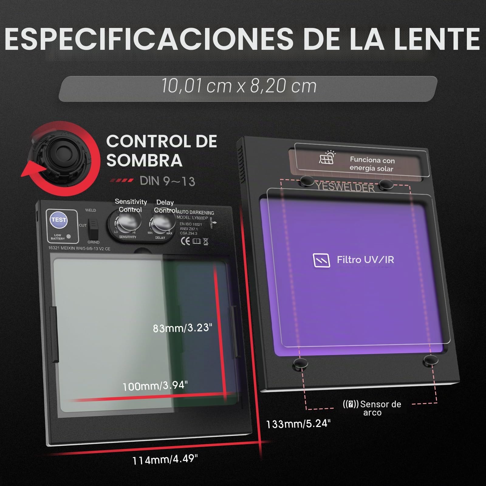 YESWELDER Careta Soldar Automatica Vista Grande Color Verdadero Accionado por Energía Solar, Mascara soldar Automático con Vista Lateral, 4 Sensores Sombra 4/5-9/9-13 para TIG MIG ARC CUT