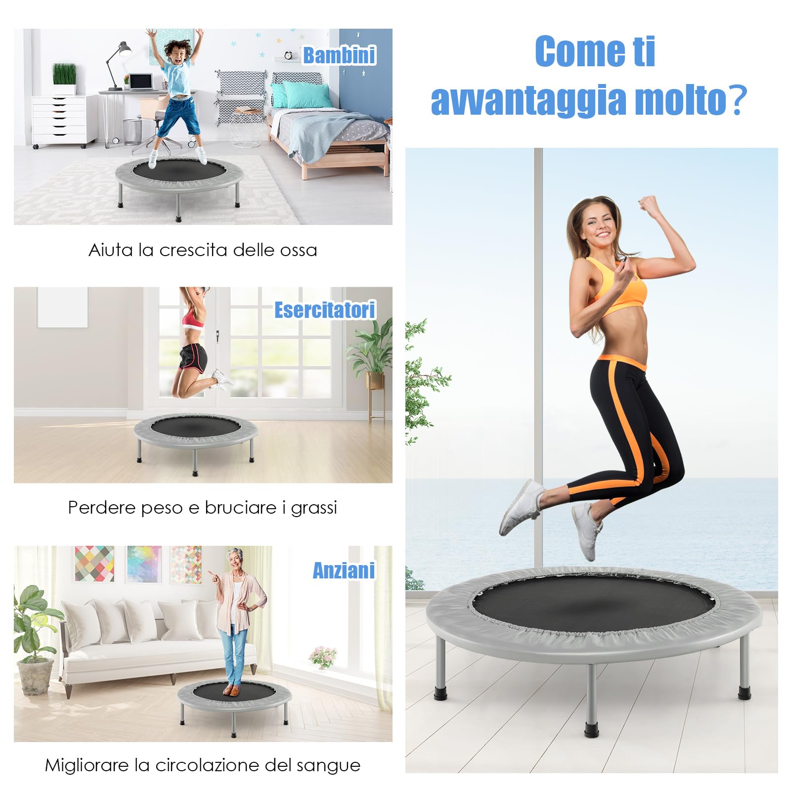 COSTWAY Trampolino Elastico Pieghevole, Tappeto Elastico da Interno con 32 Molle e 6 Gambe e Cuscinetti Antiscivolo, Capacità di Carico 150 kg