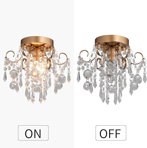 Miniatura 6 de Q&S Mini lámpara de techo de cristal, pequeña lámpara de araña de montaje empotrado, entrada, dormitorio, baño, pasillo, lámpara dorada.