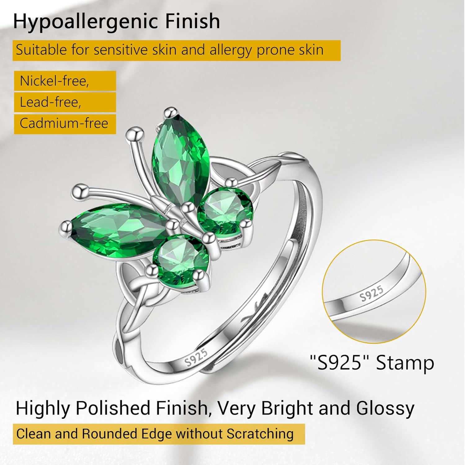 PROSILVER 925 Sterling Silver Celtic Knot Heart/Butterfly/Cute Bat Ring for Women, Birthstone Jan-Dec Available, Gorgeous Cubic Zirconia Ring, Adjustable Ring, Come with Box - Image 6