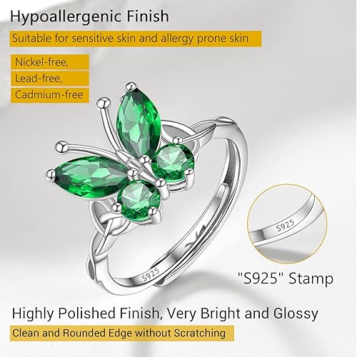 Miniatura 7 de PROSILVER Anillos de mariposa de plata de ley 925 para mujer, hermoso anillo de piedra natal, disponible en enero a diciembre, anillo ajustable,