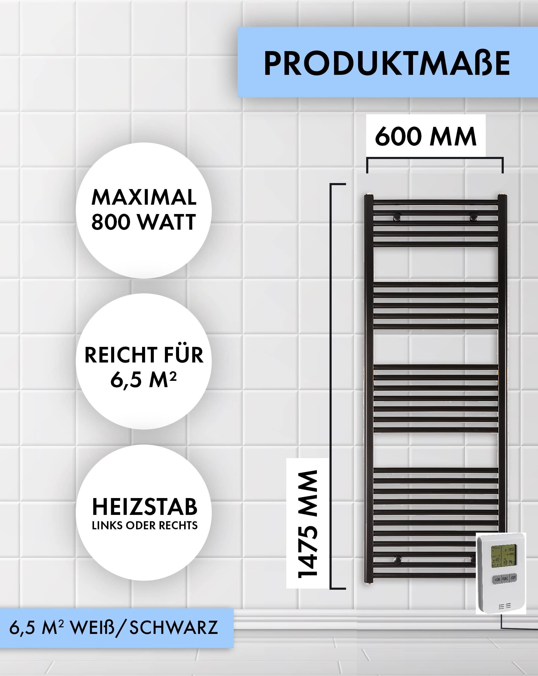 anapont elektrischer Badheizkörper 1475x600 weiß gerade Timer-Funktion Made in Germany
