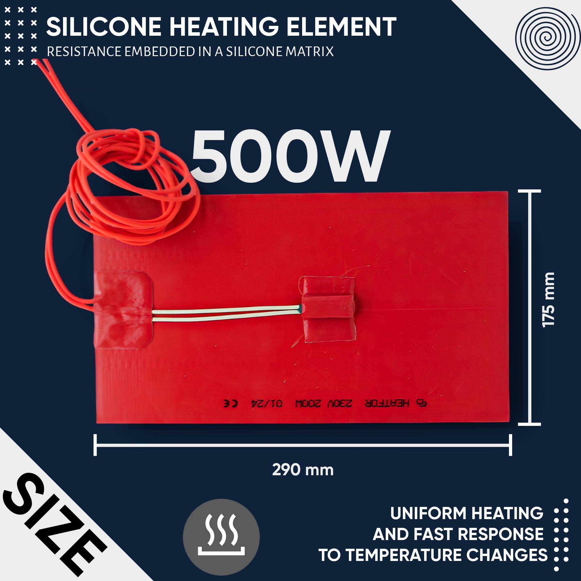 DOJA Barcelona | Silikon Heizelement | 500W | 290x175mm | Silikon-Heizmatte | Silikon-Heizkissen | Heizelement aus Silikon mit Thermostat | Silikon Heizteppich für den industriellen und häuslichen