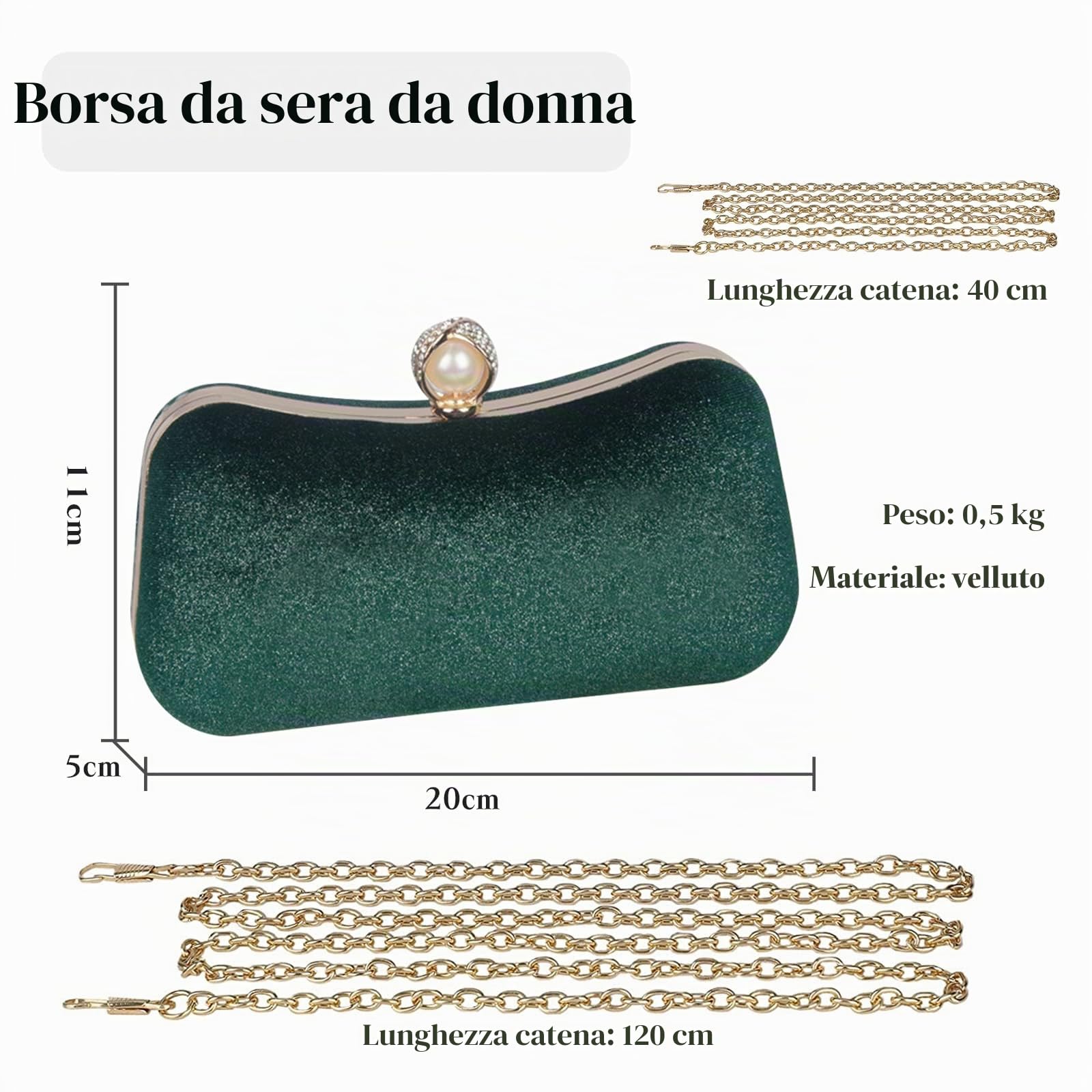 CORIOS Pochette Clutch Donna Borsetta da Sera con Catena - Elegante Borsa a Spalla/Tracolla per Sposa, Cocktail, Festa, Ballo, Cerimonia - Verde