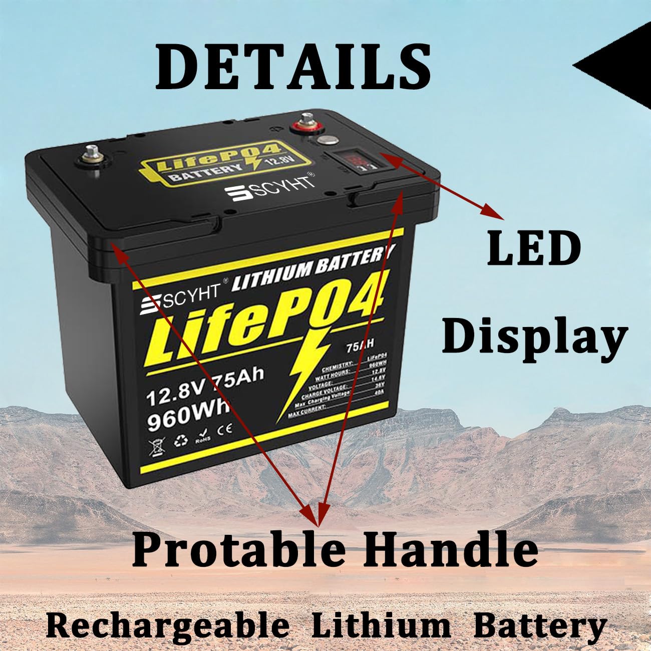 Batería LiFePO4 12,8 V Batería de Litio 75 Ah Baterías de Ciclo Profundo 12,8 V Baterías Repuesto para energía Solar con BMS y Pantalla para Motores 250 W a 1000 W.