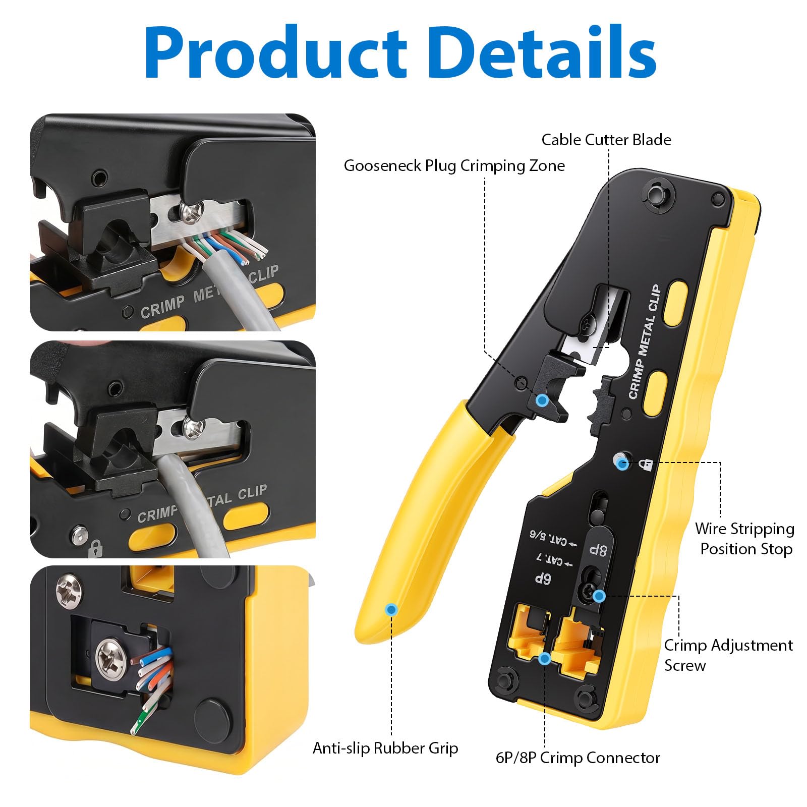Kit Crimpadora RJ45 Profesional, Herramienta de Crimpado con Comprobador de Cable Pelacables y Conectores Pasantes Cat5 Cat6 Cat7, Alicates de Red para Instalación Reparación