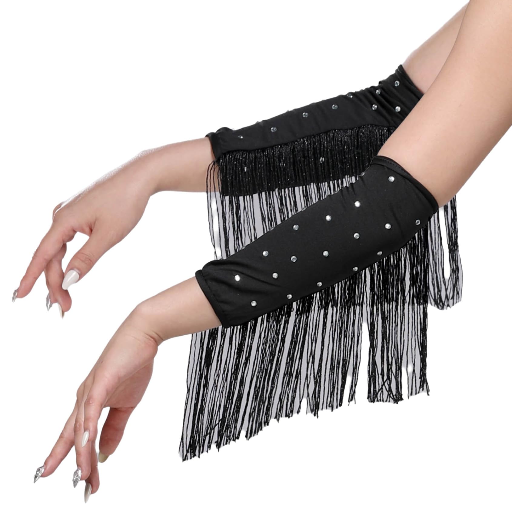 Rswnyirn Long Fingerless Satin Gloves Rhinestones Tassel 1920s Opera Gloves Arm Sleeves For Women Black One Size