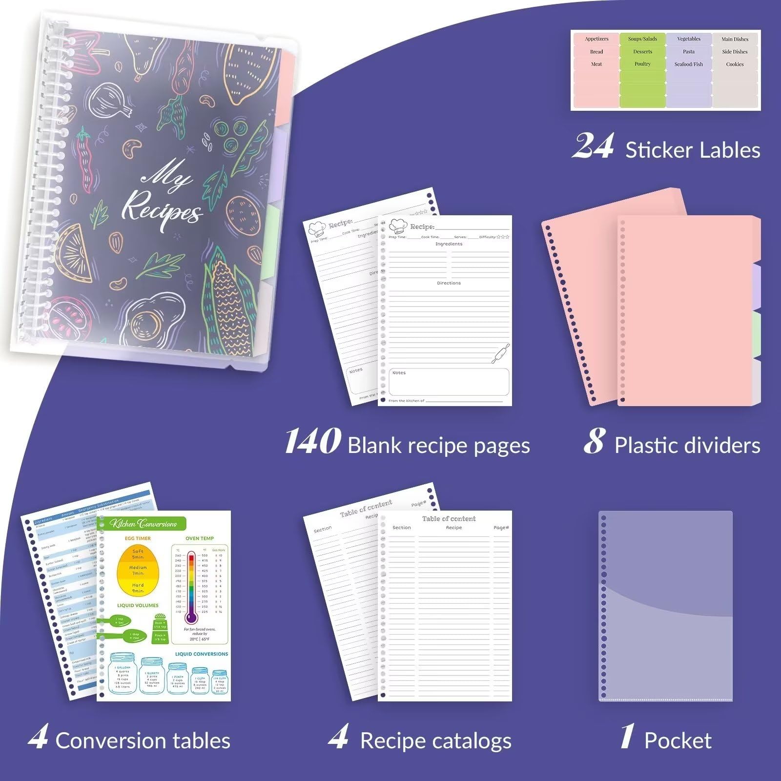Libro di ricette vuoto per scrivere le tue ricette, 21,6 x 27,9 cm, copertina rigida rimovibile, raccoglitore per ricette di famiglia con divisori, libro di ricette personale personalizzato, contiene